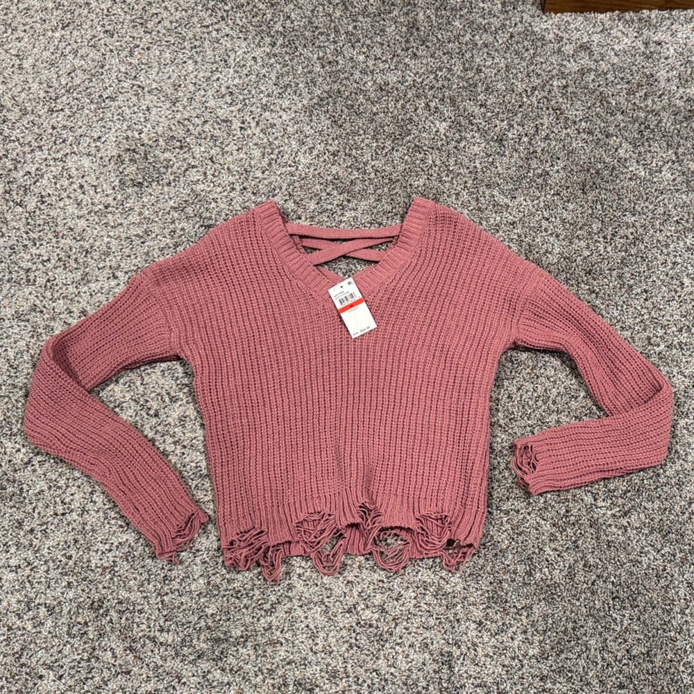Planet Gold Pink Sweater with Distressed Hem - Picture 2 of 5